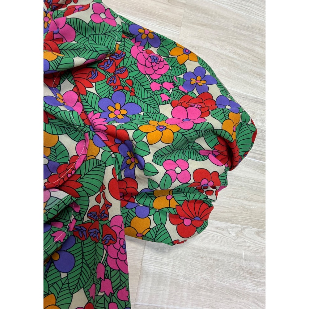 entro Floral Ruffle Puff Sleeve Blouse Retro Multicolor V-Neck L - Picture 3 of 5